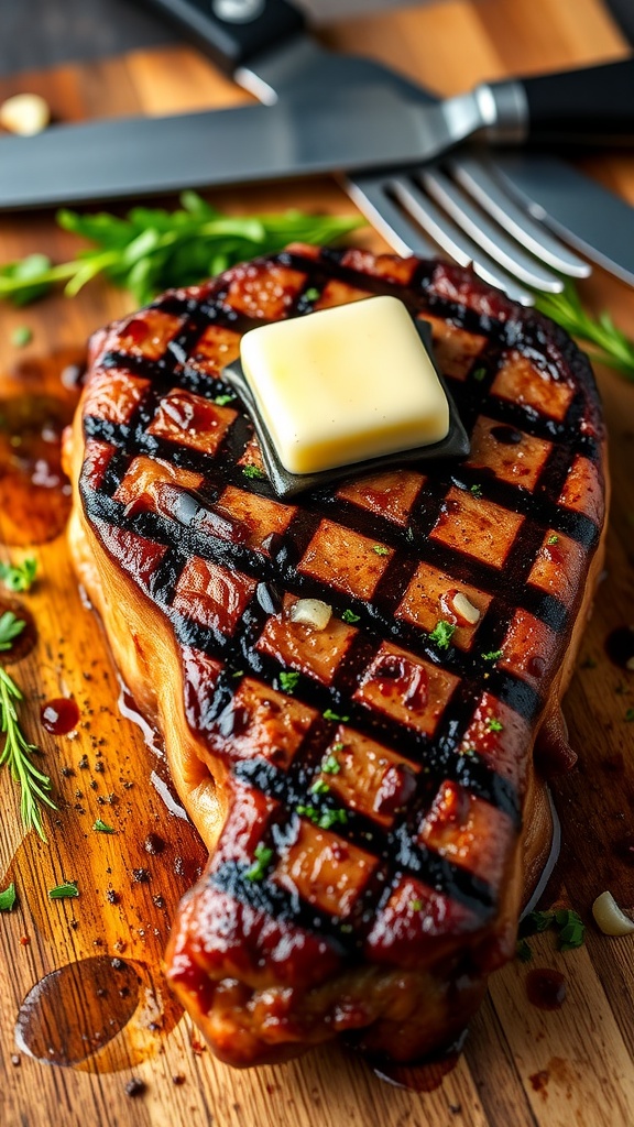 Grilled 8oz sirloin steak with garlic butter on a rustic cutting board.